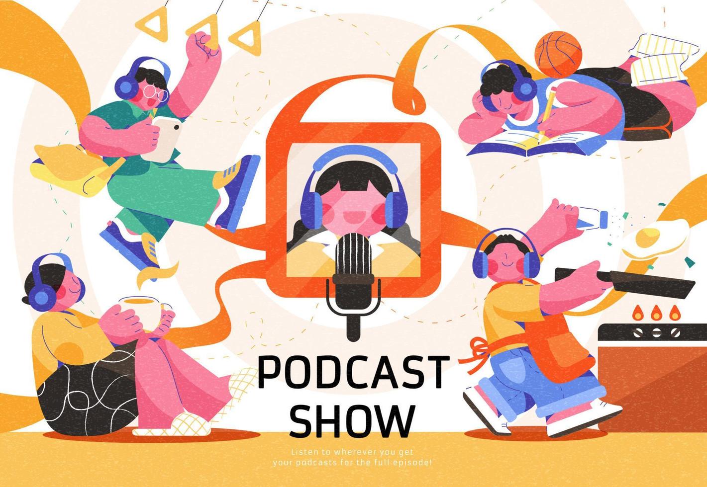 Audio program or online broadcasting illustration of people listening to podcast show while doing different activities, like traveling, studying, having coffee and cooking. vector