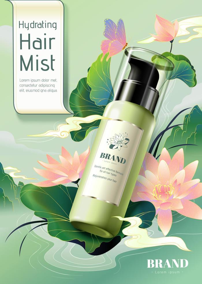 Elegant oriental hair care product ad template. 3d plastic bottle mock-up with vintage lotus and mountain river scenery drawings. vector
