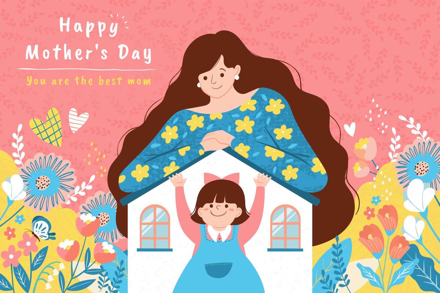 Mother's Day illustration in warm hand drawn style. Woman is taking care of her home and daughter. vector