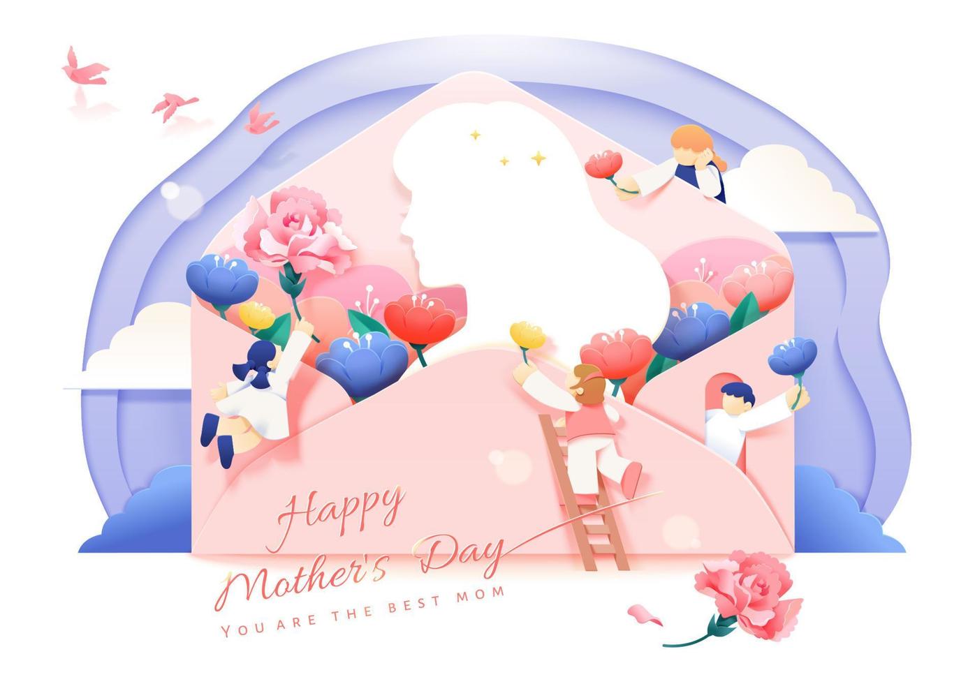 Elegant Mother's Day template in paper cutting design. Cute children are gathering toward a letter and give flowers to woman silhouette. Concept of motherhood and sending love. vector