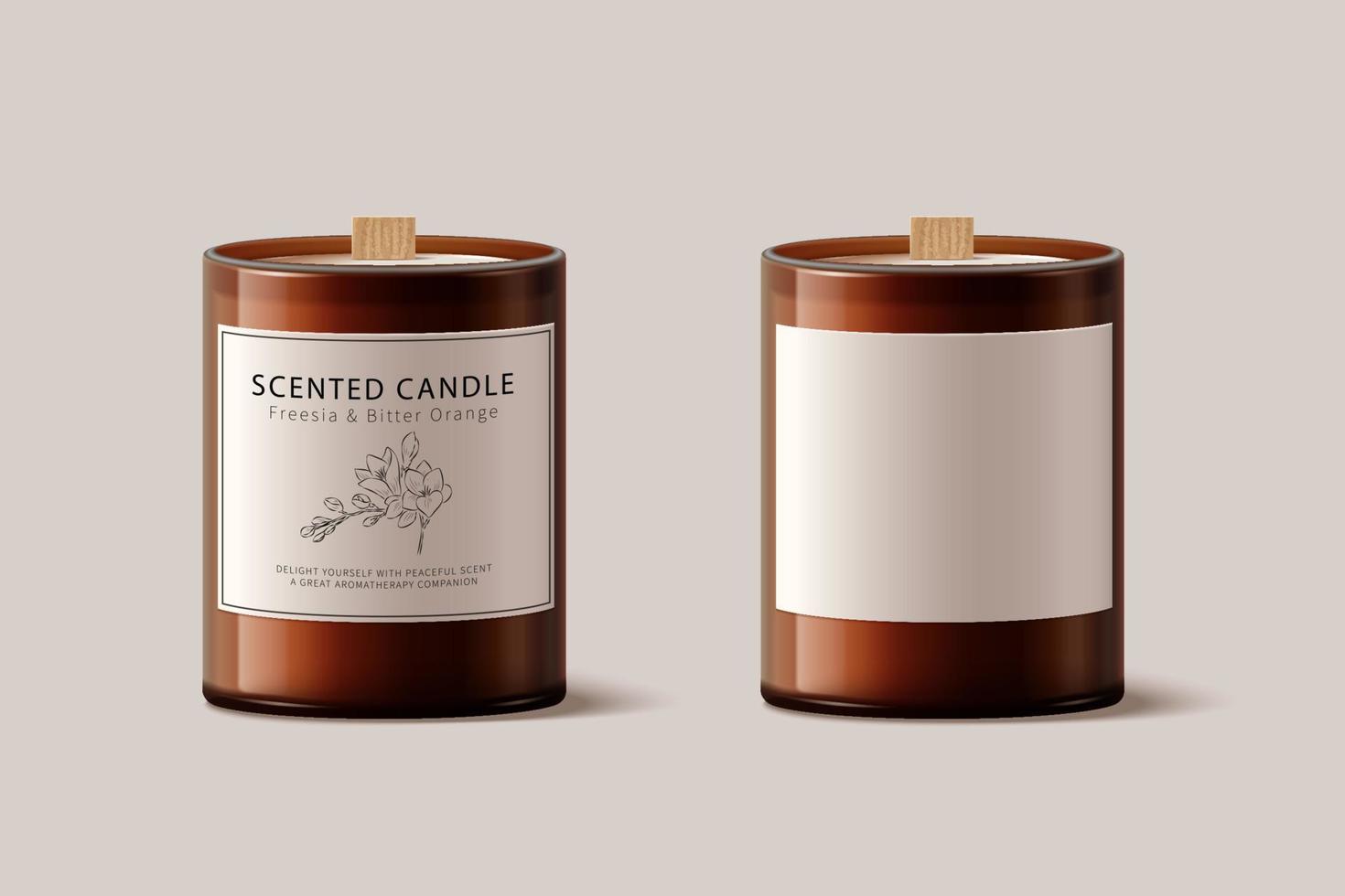 3d scented candle set, isolated on beige background. Brown glass product package, one with and without label design. vector