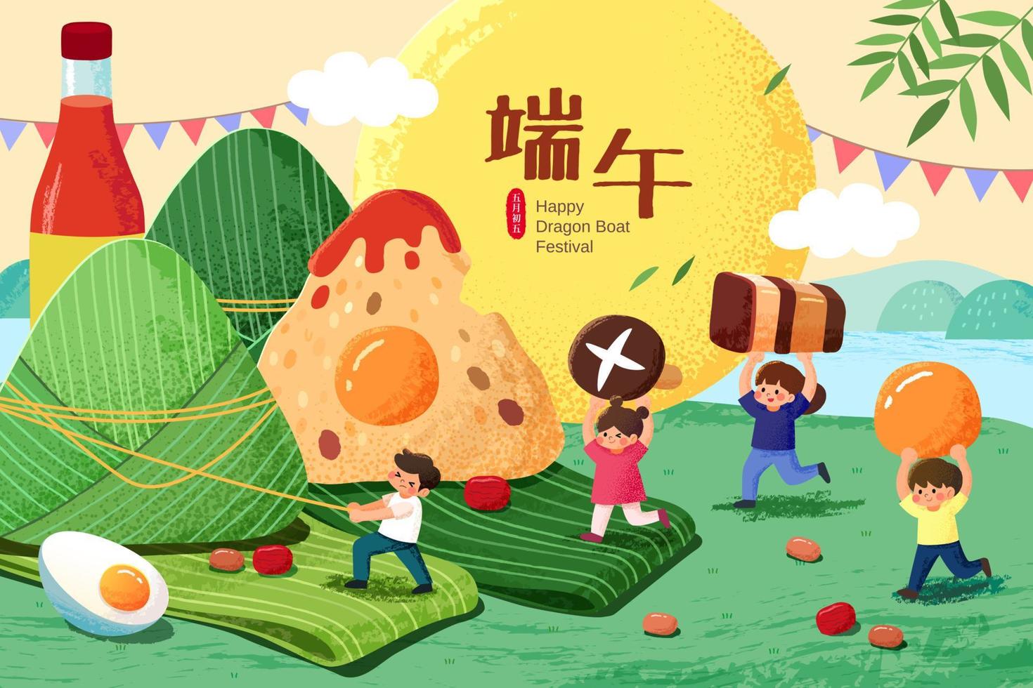 asiático niños Moviente ingredientes de zongzi hacia el envuelto arroz empanadillas en el pradera con un dulce chile salsa. texto de continuar barco festival en lunar mayo 5to escrito en un grande Luna vector