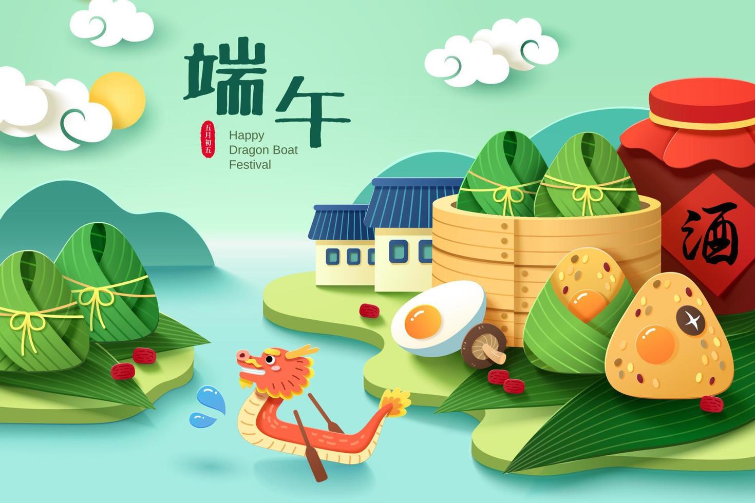 A dragon boat rowing through the river across a village of a steamer, rice dumplings, and realgar wine in papercraft style. Translation Dragon boat Festival on lunar May 5th vector