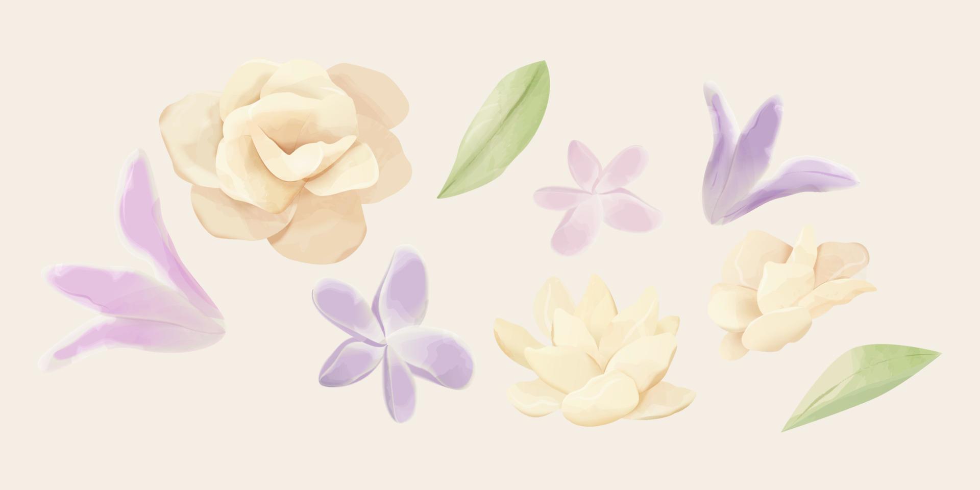 Hand drawn floral drawings of various flowers isolated on beige background. Suitable for wedding or spring decoration. vector