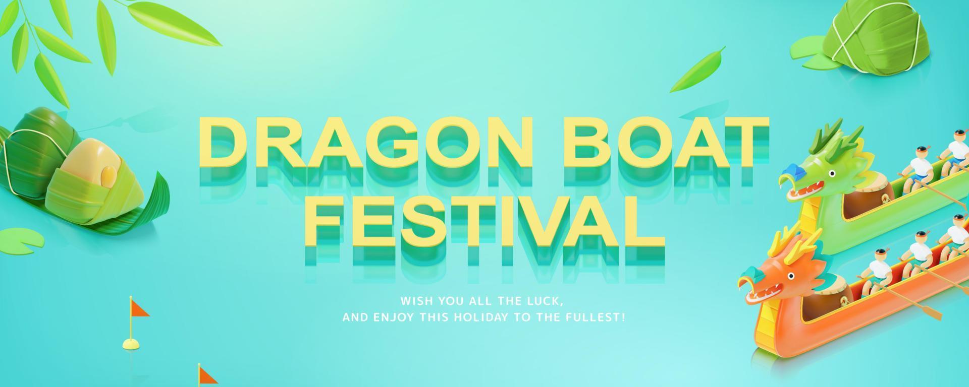 3d isometric Duanwu Festival banner design with huge greeting scripts and two group of people having a boat racing competition. Translation, Happy Dragon Boat Festival vector