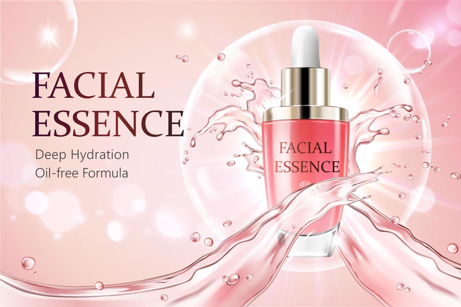 Rosa facial esencia anuncio modelo. 3d cuentagotas botella en grande blanco burbuja con dos líquido salpicaduras a través de en brillante rosado antecedentes vector