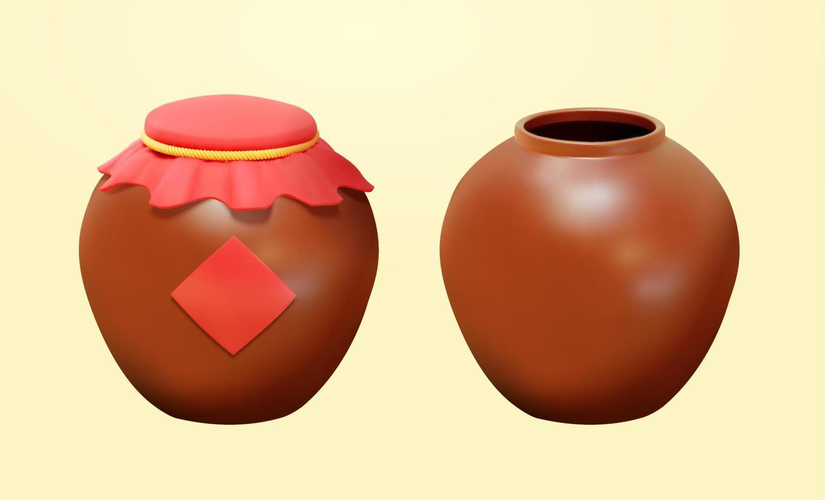 3D Brown ceramic wine jars viewed from the front, one with label and cover and the other one without. Chinese antique elements for Duanwu Festival isolated on yellow background vector