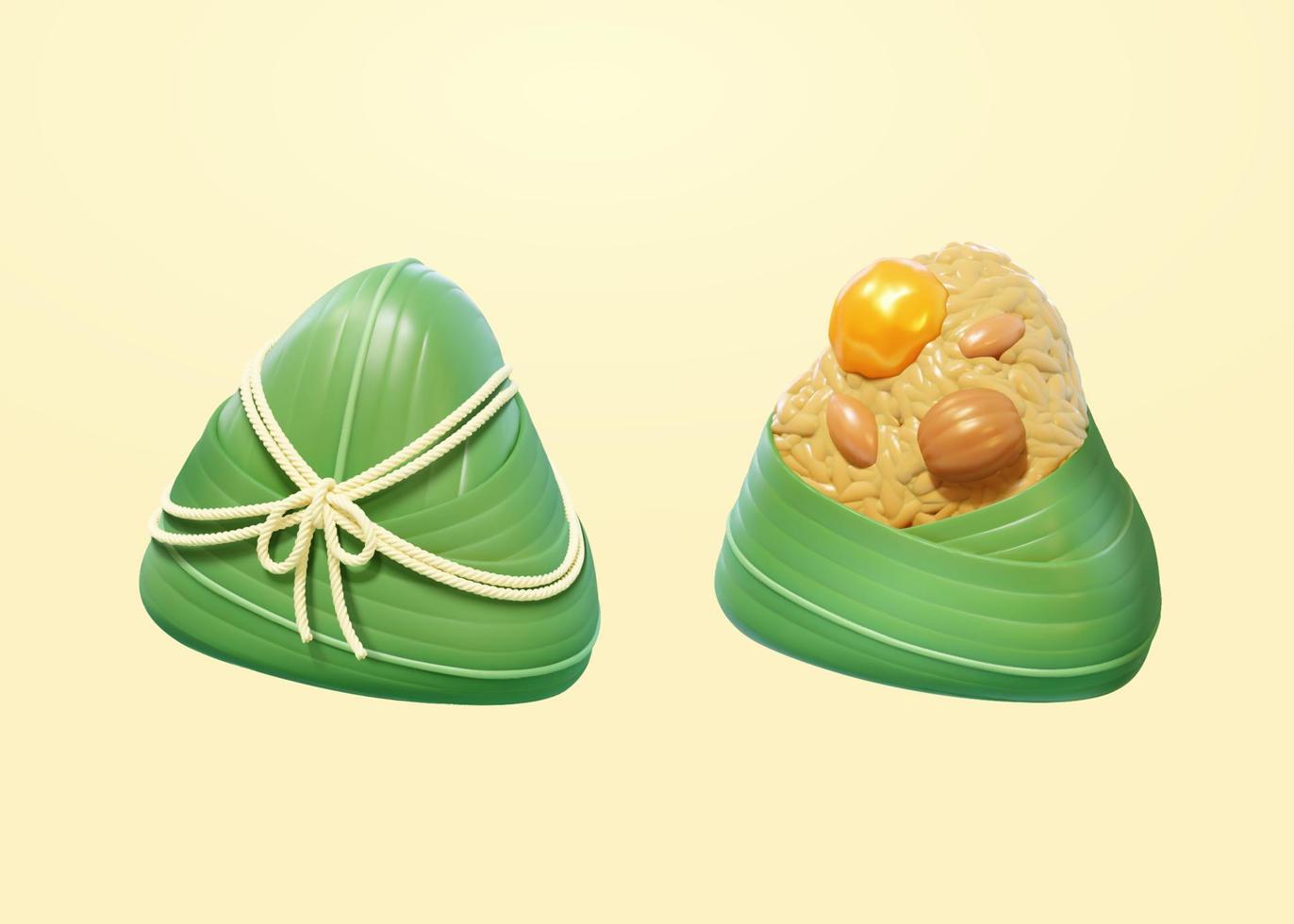 3D cartoon sticky rice dumplings, one tied with thread and the other half wrapped. Duanwu Festival food isolated on yellow background vector