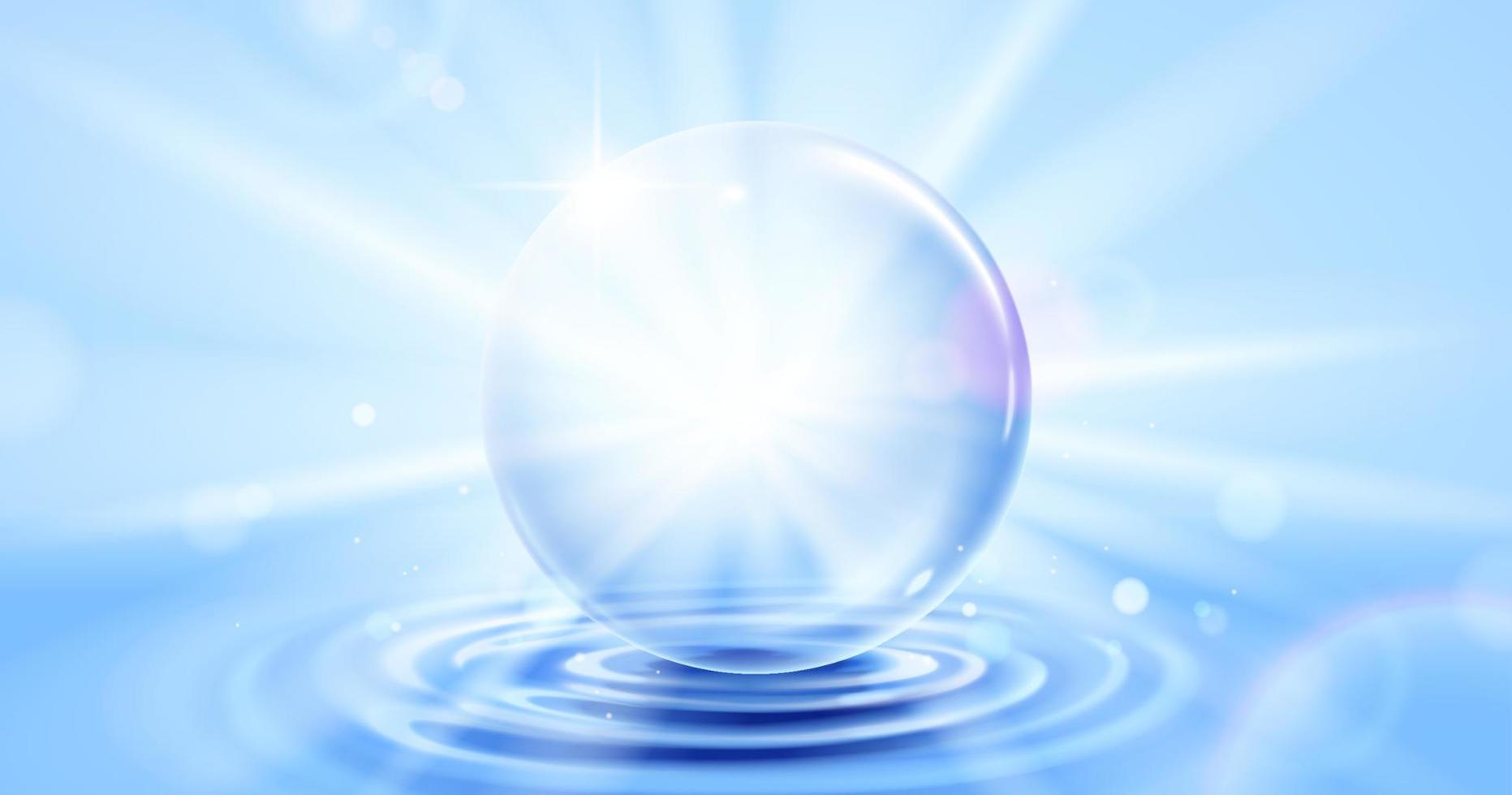 3D Big bubble floating on water ripples with white radial lighting on blue background vector