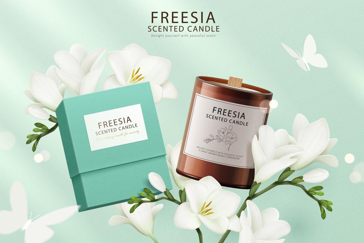 Freesia scented candle ad in 3d illustration. Perfumed candle package and product displayed among freesia flowers with white butterfly flying around. vector