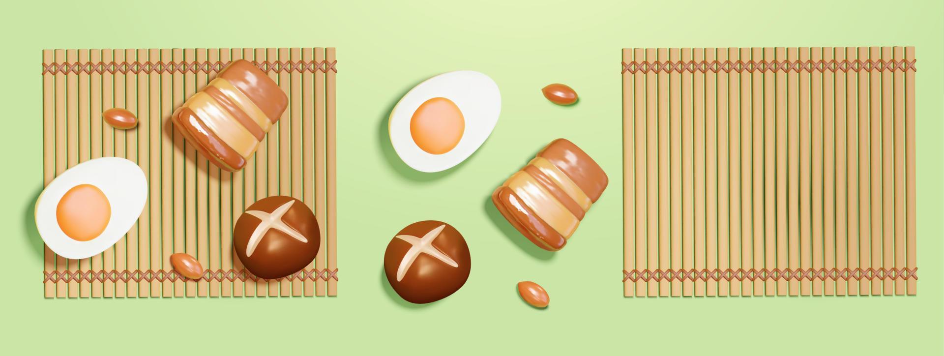 3d cartoon food ingredients of sticky rice dumpling placed on traditional bamboo mat. Duanwu Festival elements isolated on green background. vector