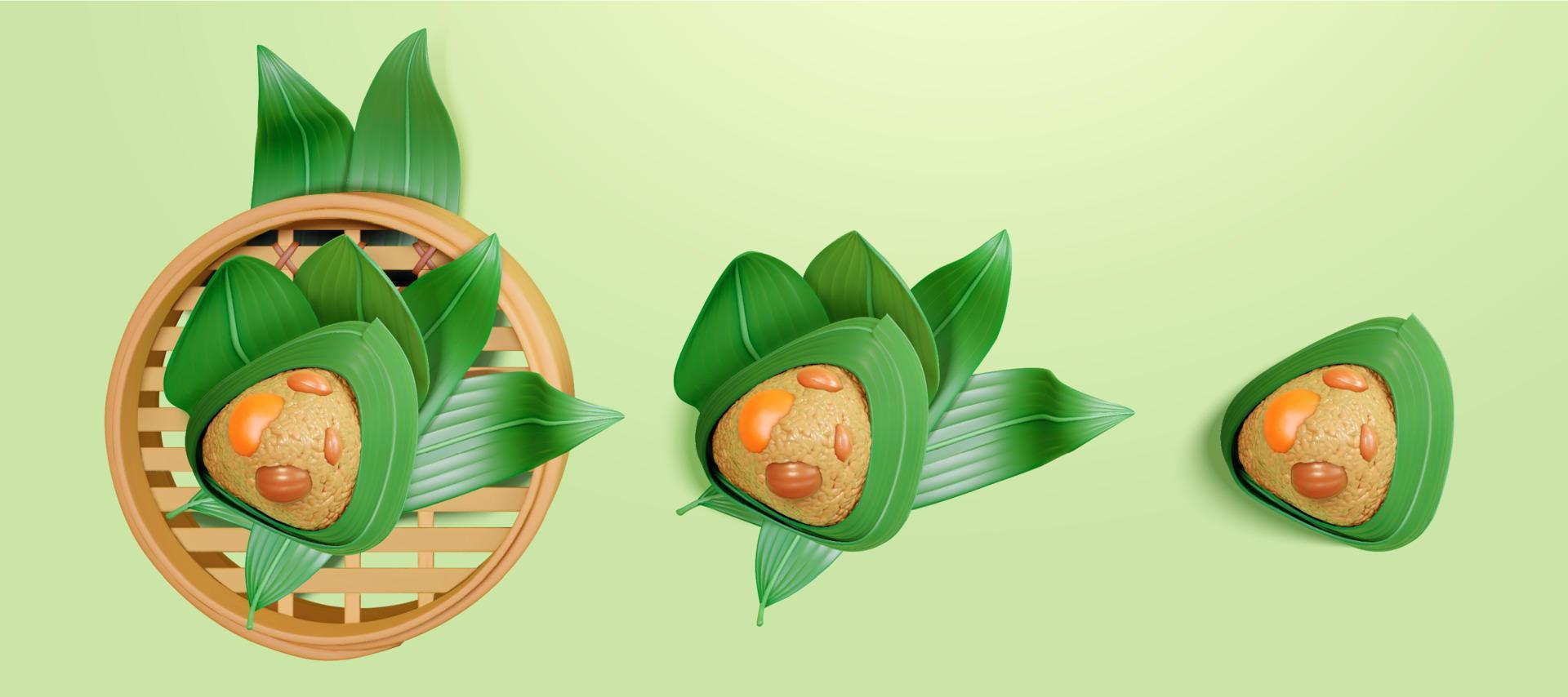 3d Chinese sticky rice dumpling viewed from above, one placed on steamer and the other on the bamboo leaf. Duanwu Festival elements isolated on green background. vector