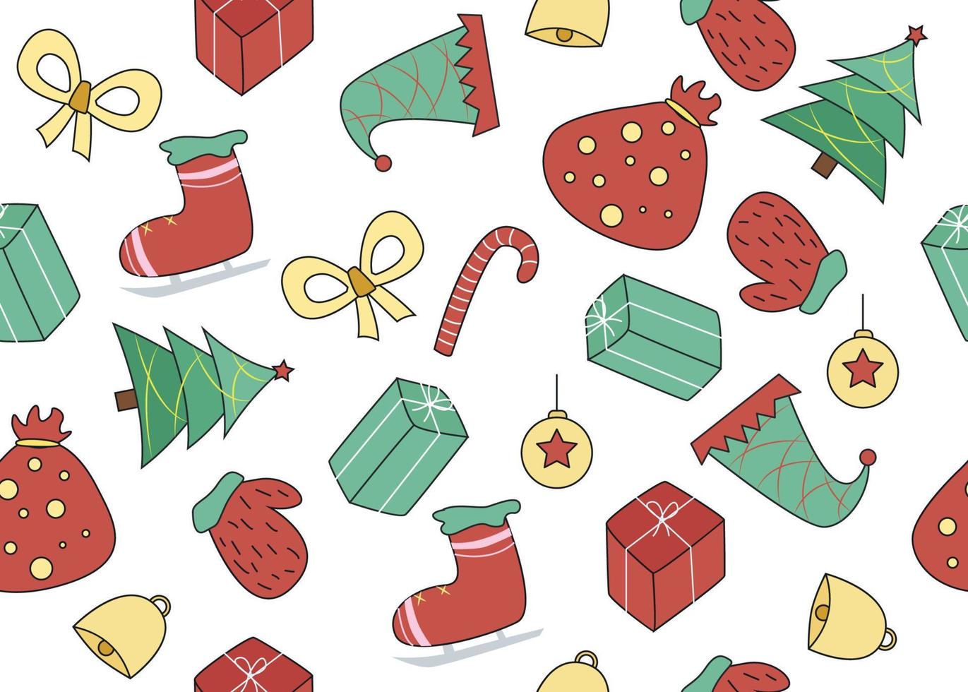 Vector illustration of New Year and Christmas seamless pattern with mitten, skates, bell, gift, Christmas tree, lollipop, festive hat, Christmas ball, bag with gifts on a white background
