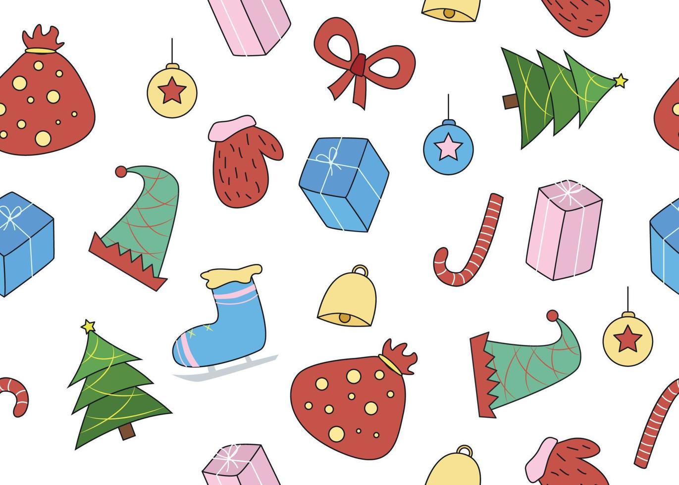 Vector illustration of New Year and Christmas seamless pattern with mitten, skates, bell, gift, Christmas tree, lollipop, festive hat, Christmas ball, bag with gifts on a white background