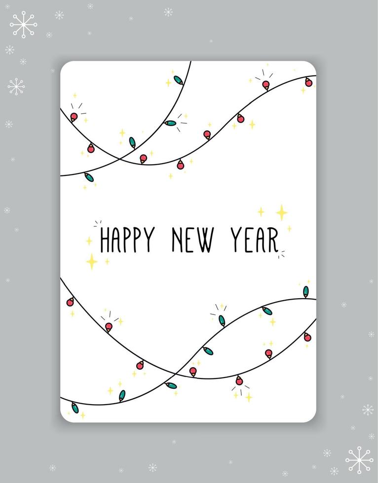 New Year's, Christmas postcard. Festive garland around the letters Happy New Year, on the background of a snowflake, doodle. Vector illustration