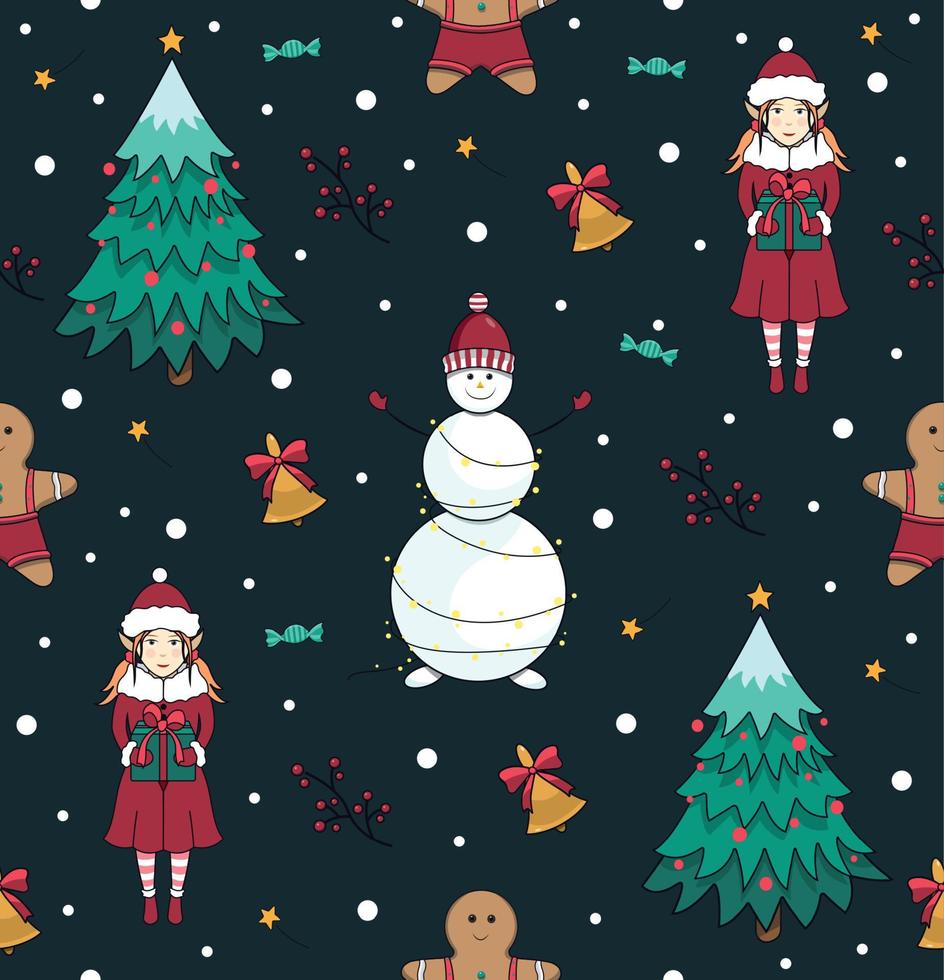 sin costura modelo con Navidad árbol, muñeco de nieve, duende y campana. nuevo años y Navidad vector