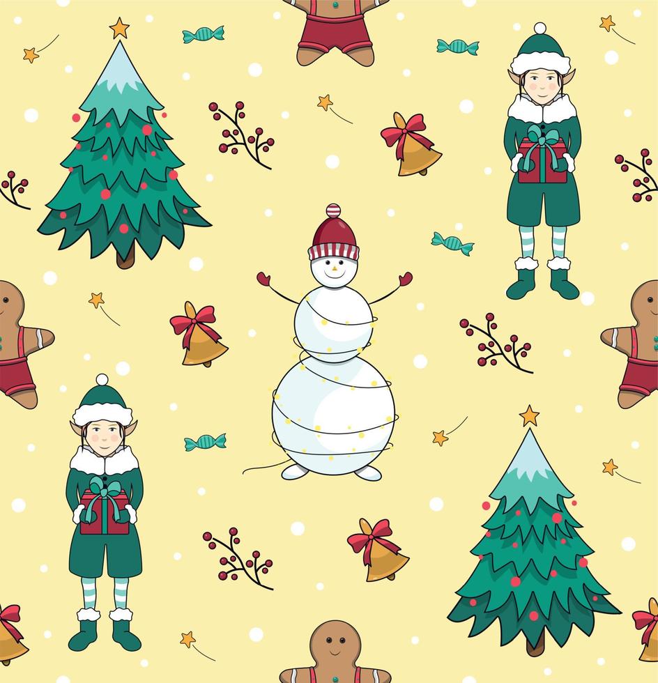 sin costura modelo con Navidad árbol, muñeco de nieve, duende y campana. nuevo años y Navidad vector