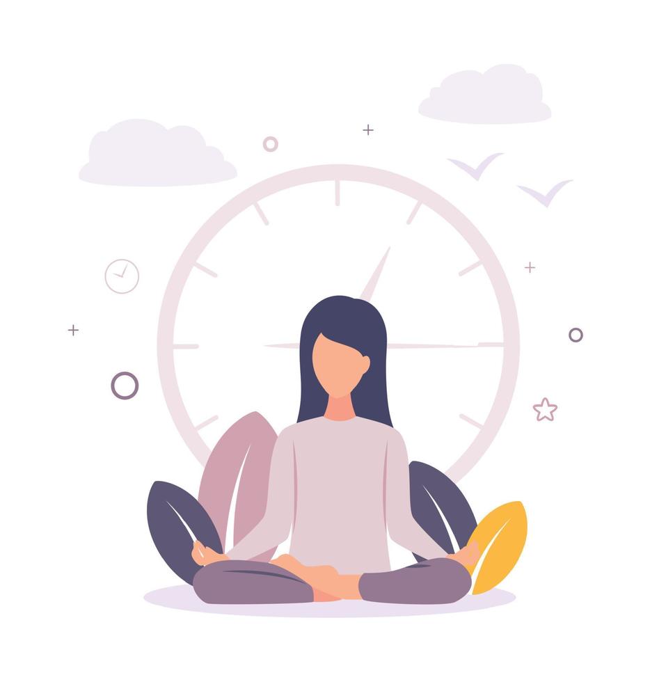 Meditation. A woman is meditating near a big clock. Girl resting meditating. The woman is relaxing. vector