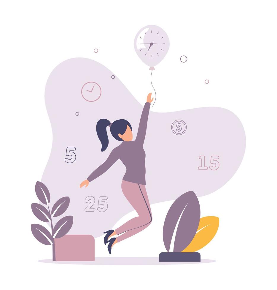 Girl catches a balloon-watch. Lack of time. Deadline vector