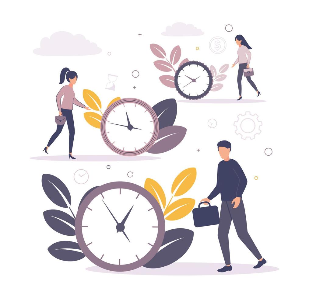 Time management. Illustration of a woman with bags in her hands and a man with a business briefcase running near the big clock with a dial and branches on the background. vector