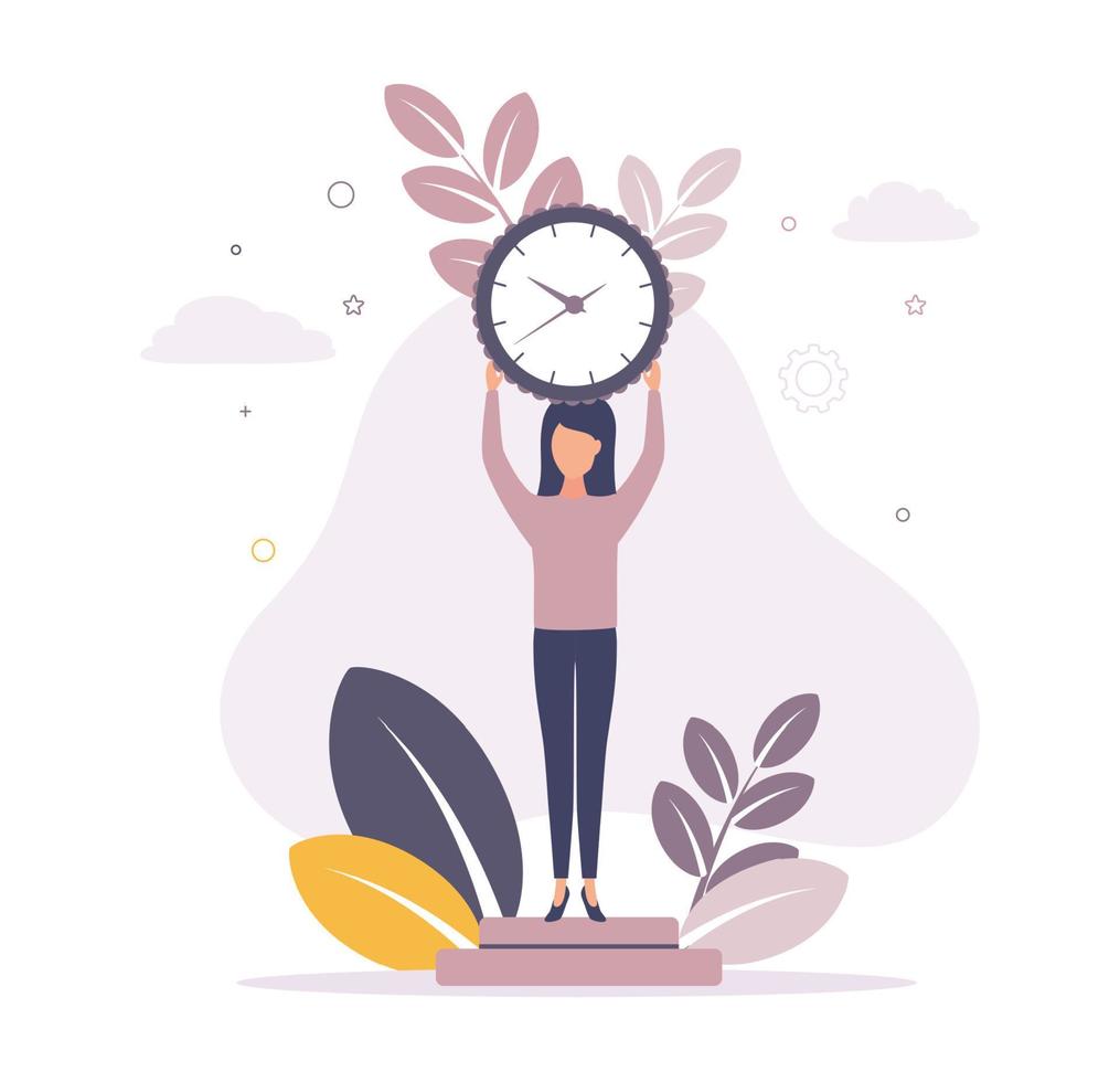 Time management. Illustration of a woman holding a watch with a dial in her hands above her head, on the background of leaves, clouds, stars, gear vector