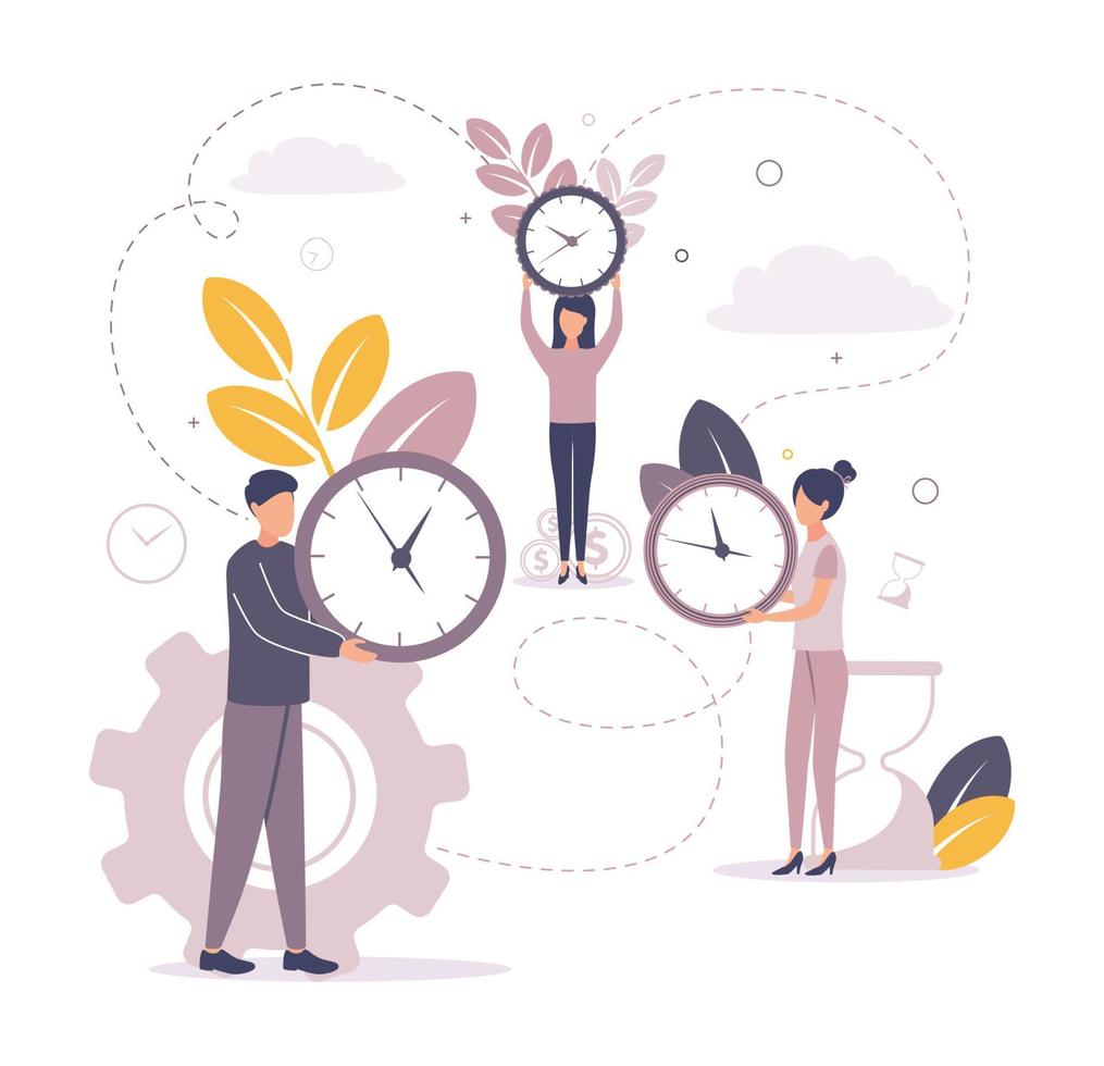 hora gestión. ilustración de personas participación un reloj con un marcar, en el antecedentes de monedas, engranajes, relojes de arena, hojas. imagen de un mujer y un hombre participación un reloj en su manos. vector