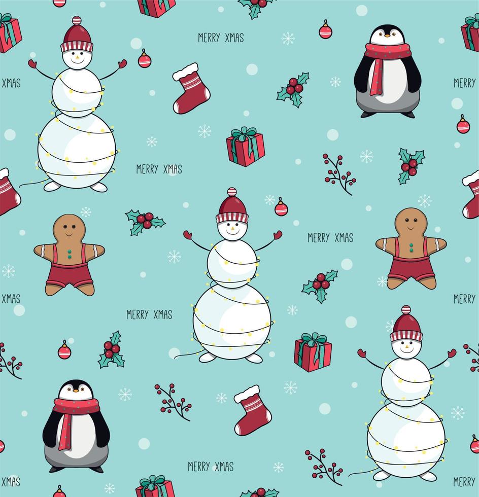 sin costura modelo con muñeco de nieve, galletas, pingüino y calcetín para regalos. nuevo años y Navidad. vector