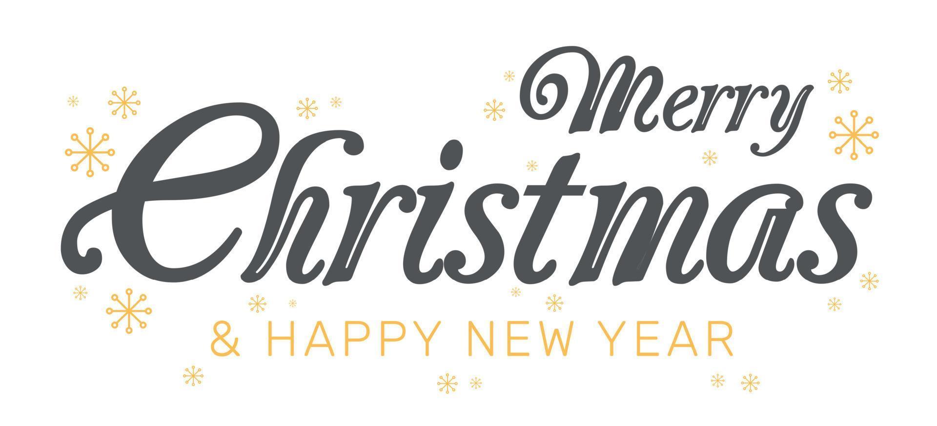 Christmas lettering with snowflakes and stars. New Year lettering with stars and snowflakes. Merry Christmas and Happy New Year. Vector illustration