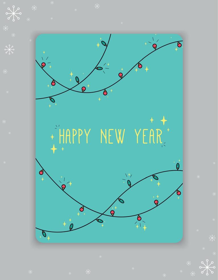 New Year's, Christmas postcard. Festive garland around the letters Happy New Year, on the background of a snowflake, doodle. Vector illustration