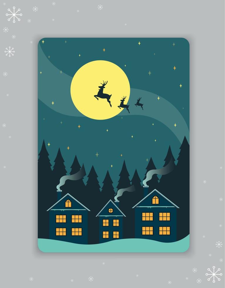 Greeting card New Year, Christmas. Postcard with houses on a background of pines, above which there are deer on a background of the moon and the starry sky. Vector illustration