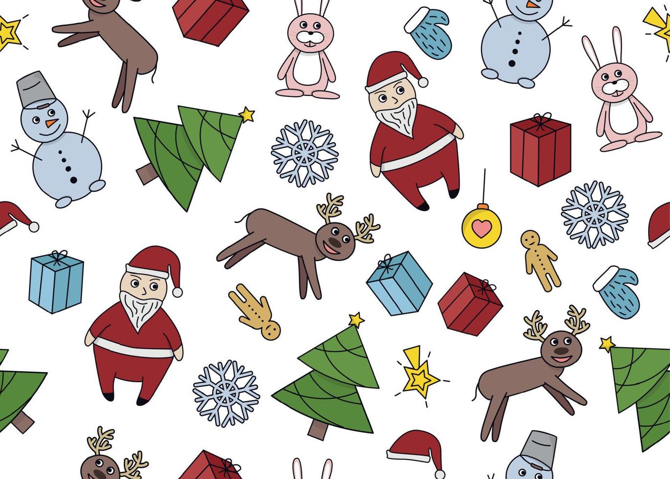 Vector illustration of New Year and Christmas seamless pattern with santa claus, snowman, hare, deer, christmas tree, ball, star, mitten, gingerbread man, snowflake