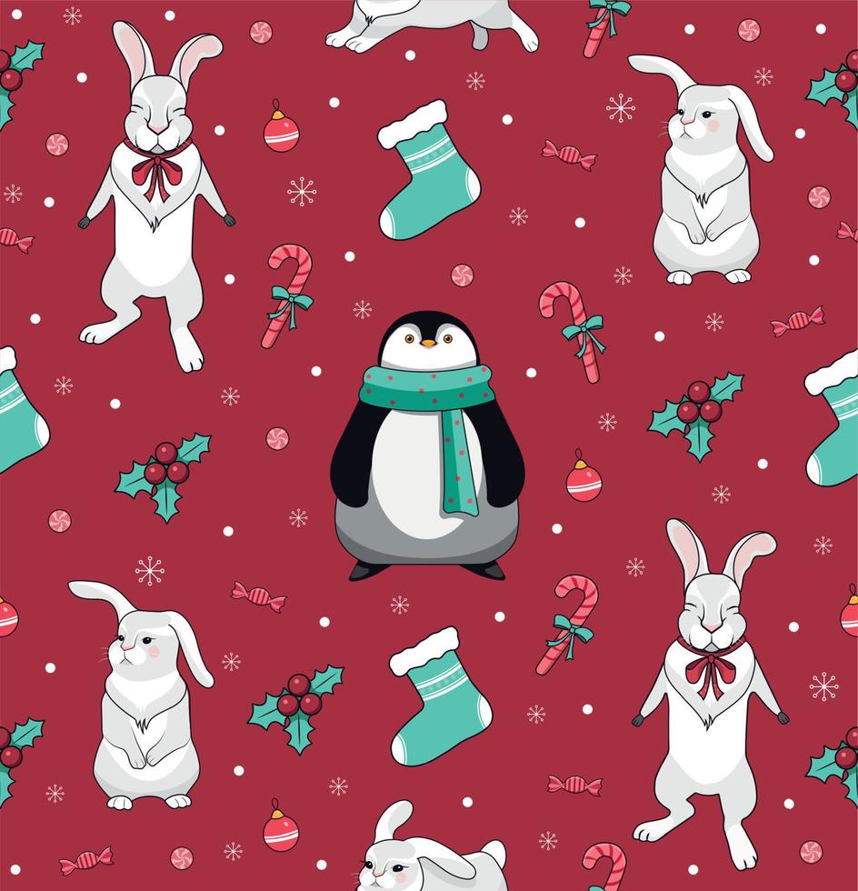 Seamless pattern with penguin, hares, lollipop and sock for gifts. New Year's and Christmas. vector
