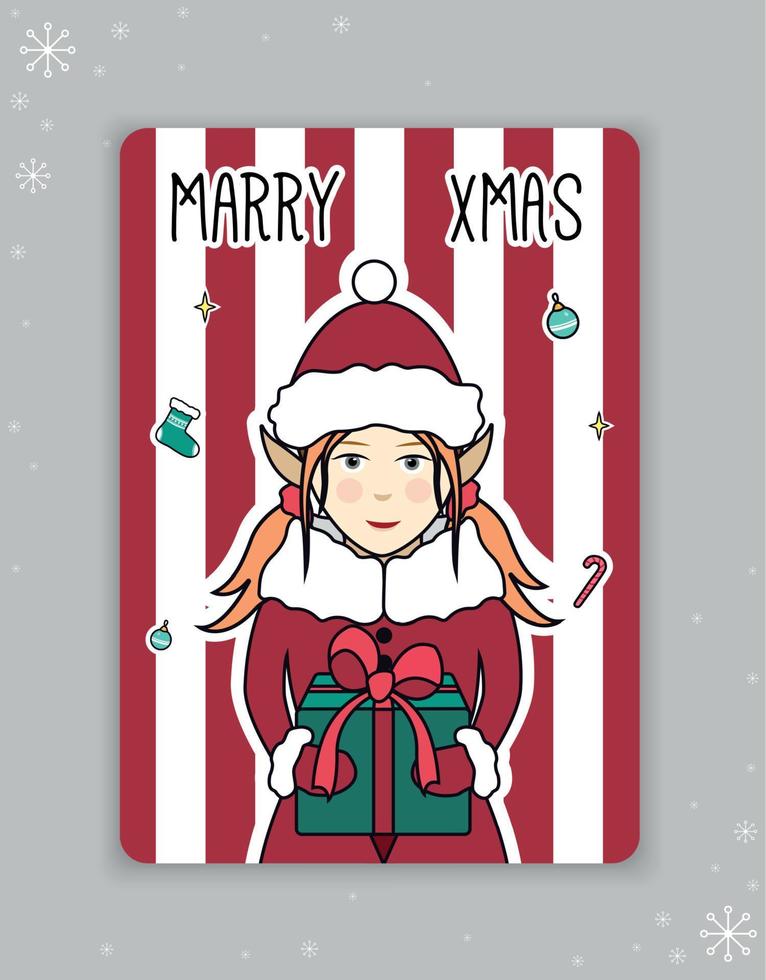 Christmas card with an elf. The elf is holding a gift. Striped greeting card. Vector illustration.