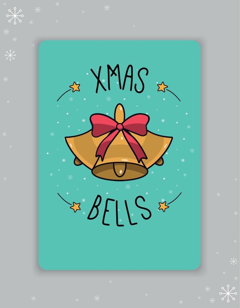 saludo tarjeta nuevo año, Navidad. saludo tarjeta con campanas, estrellas y Navidad letras. vector ilustración