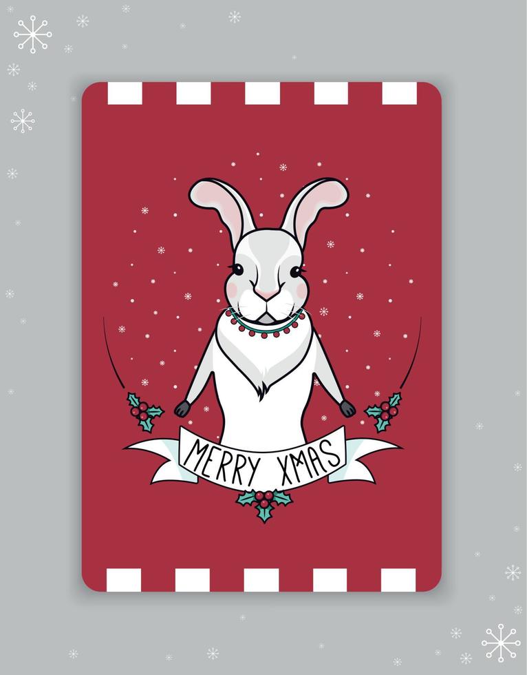 Christmas bunny. Postcard with a rabbit. Rabbit on a red background. Vector illustration.