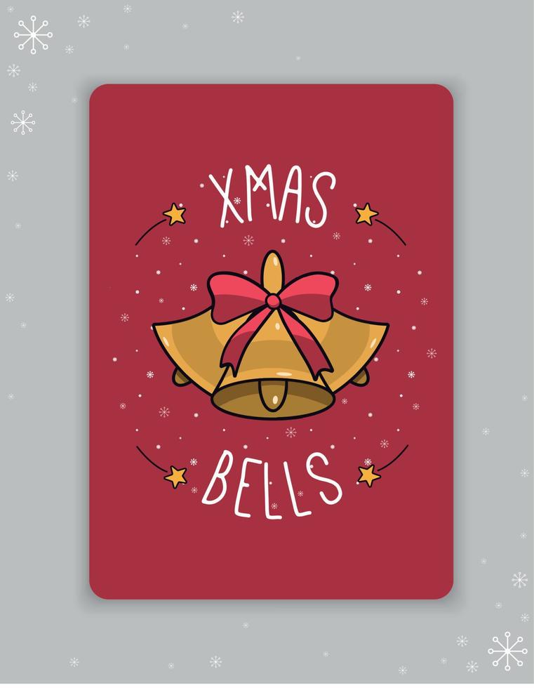 Greeting card New Year, Christmas. Greeting card with bells, stars and xmas lettering. Vector illustration