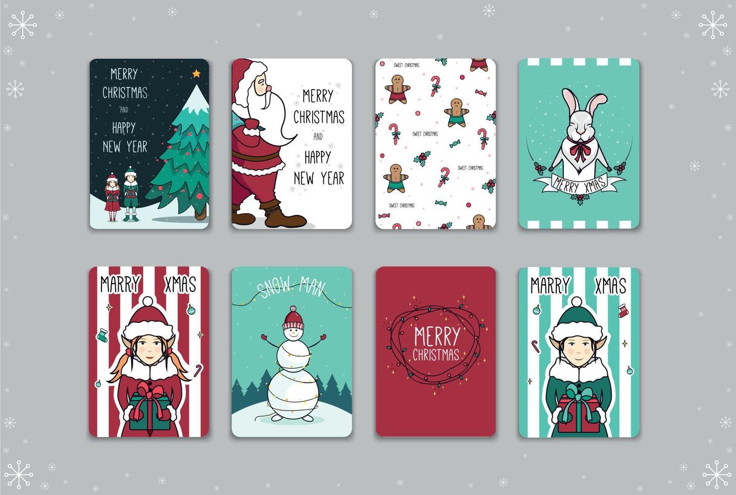 Image with New Year's cards. Postcard with Christmas tree and elves, Santa, gingerbread man and caramels, bunny, elf girl, snowman, garland, elf boy. Vector illustration.