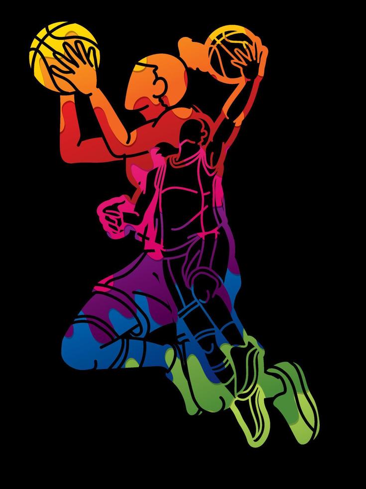 pintada grupo de baloncesto mujer jugadores mezcla acción vector