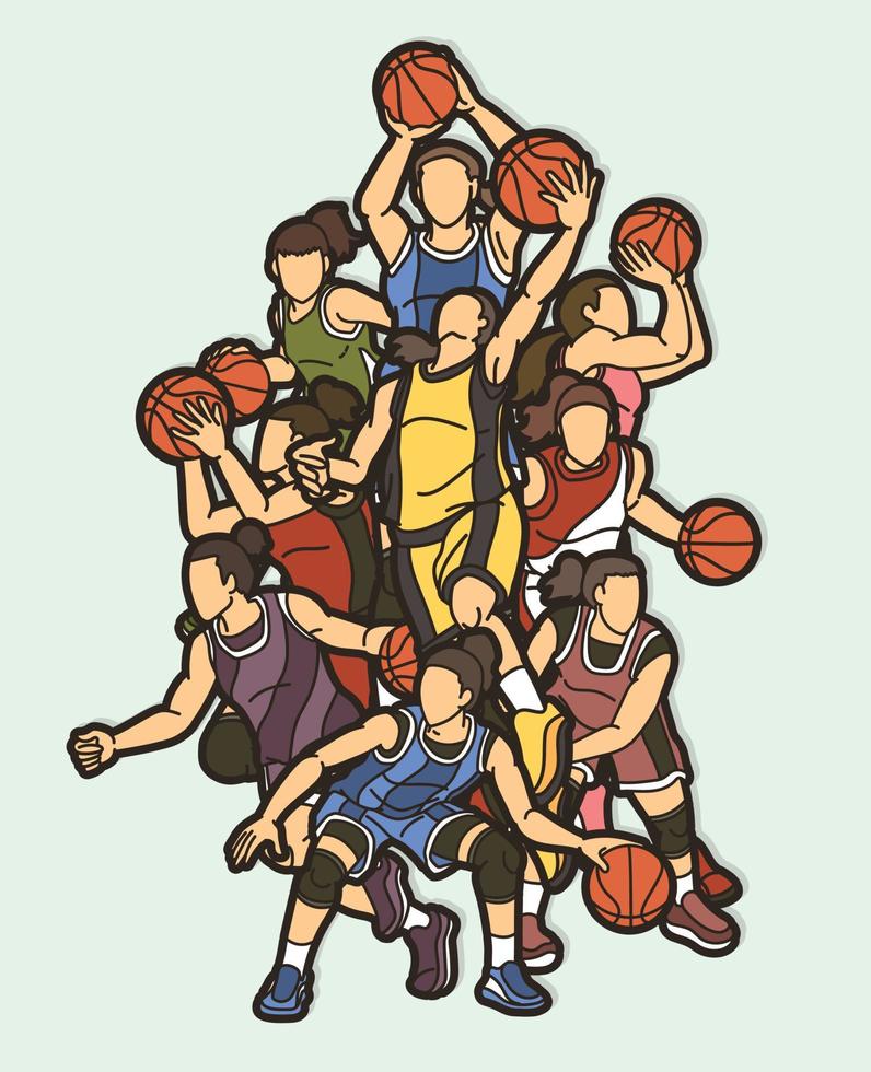 grupo de baloncesto mujer jugadores mezcla acción vector
