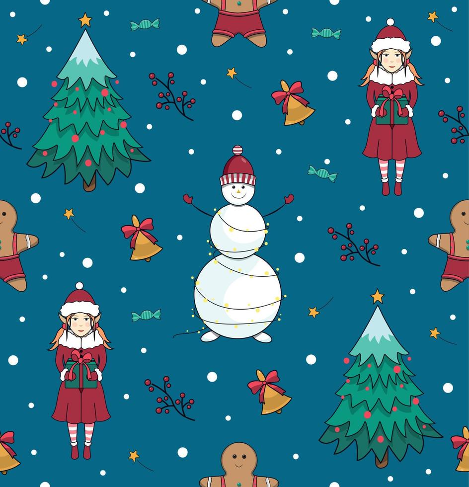 Seamless pattern with Christmas tree, snowman, elf and bell. New Year's and Christmas vector