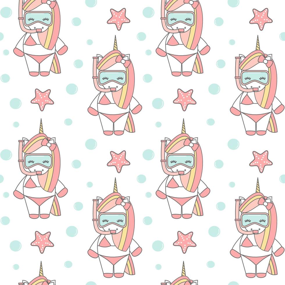 cute cartoon lovely summer unicorn snorkeling with diving mask in the sea funny seamless vector pattern background illustration