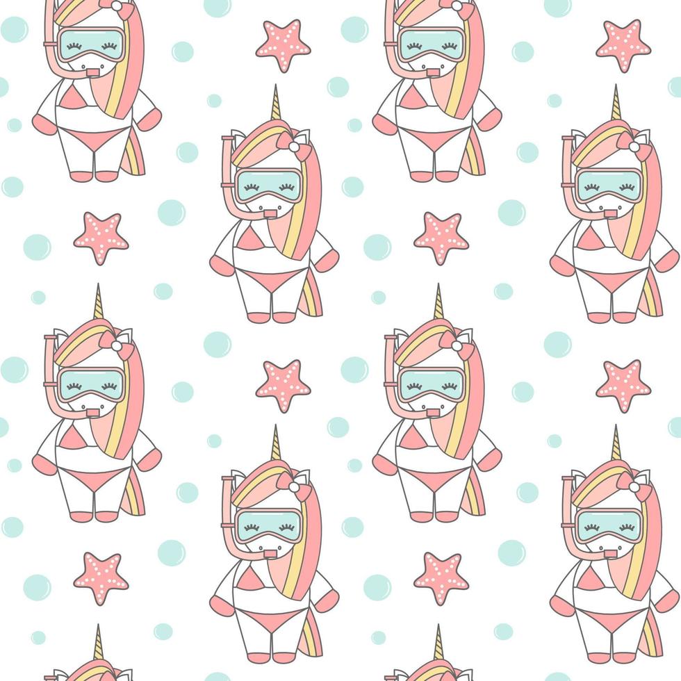 cute cartoon lovely summer unicorn snorkeling with diving mask in the sea funny seamless vector pattern background illustration