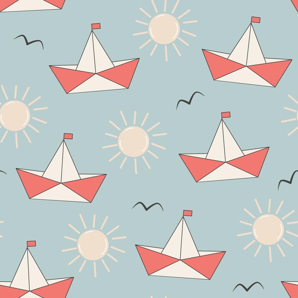 cute cartoon abstract paper boat seamless vector pattern background illustration with sun and birds silhouette