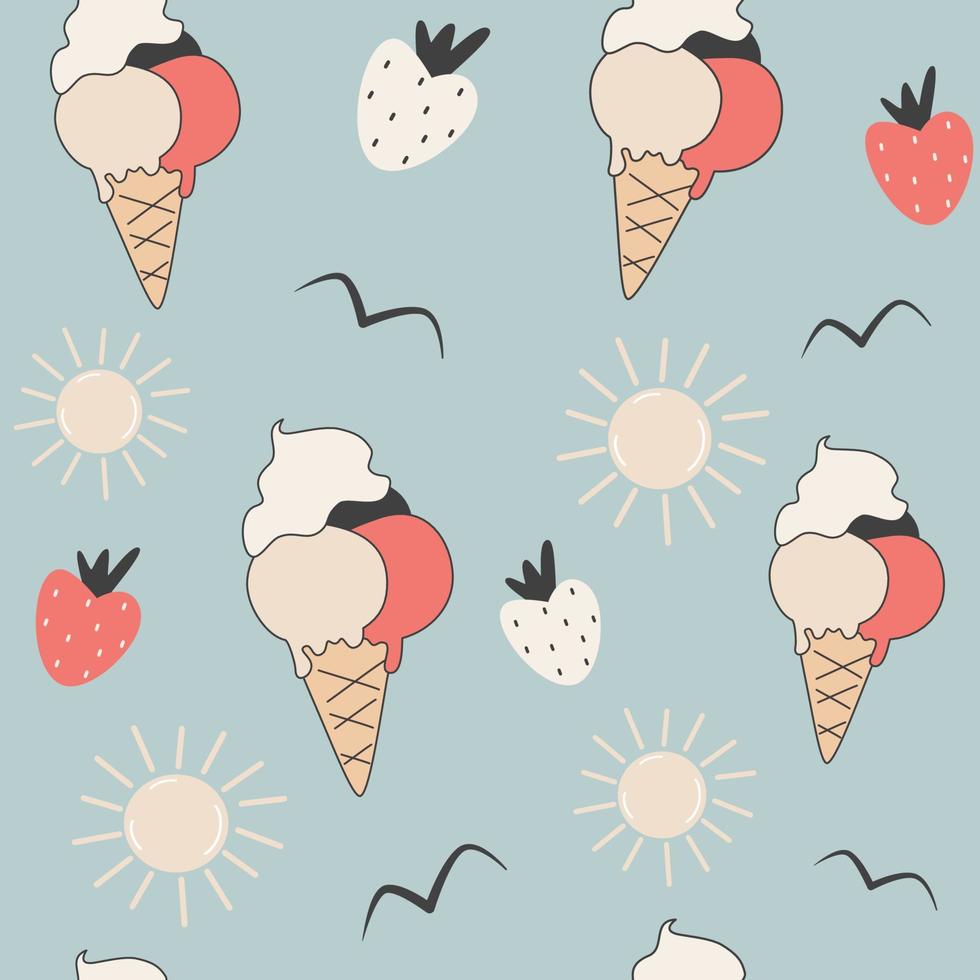 cute cartoon abstract red and white ice cream and strawberries seamless vector pattern background illustration with sun and birds silhouette