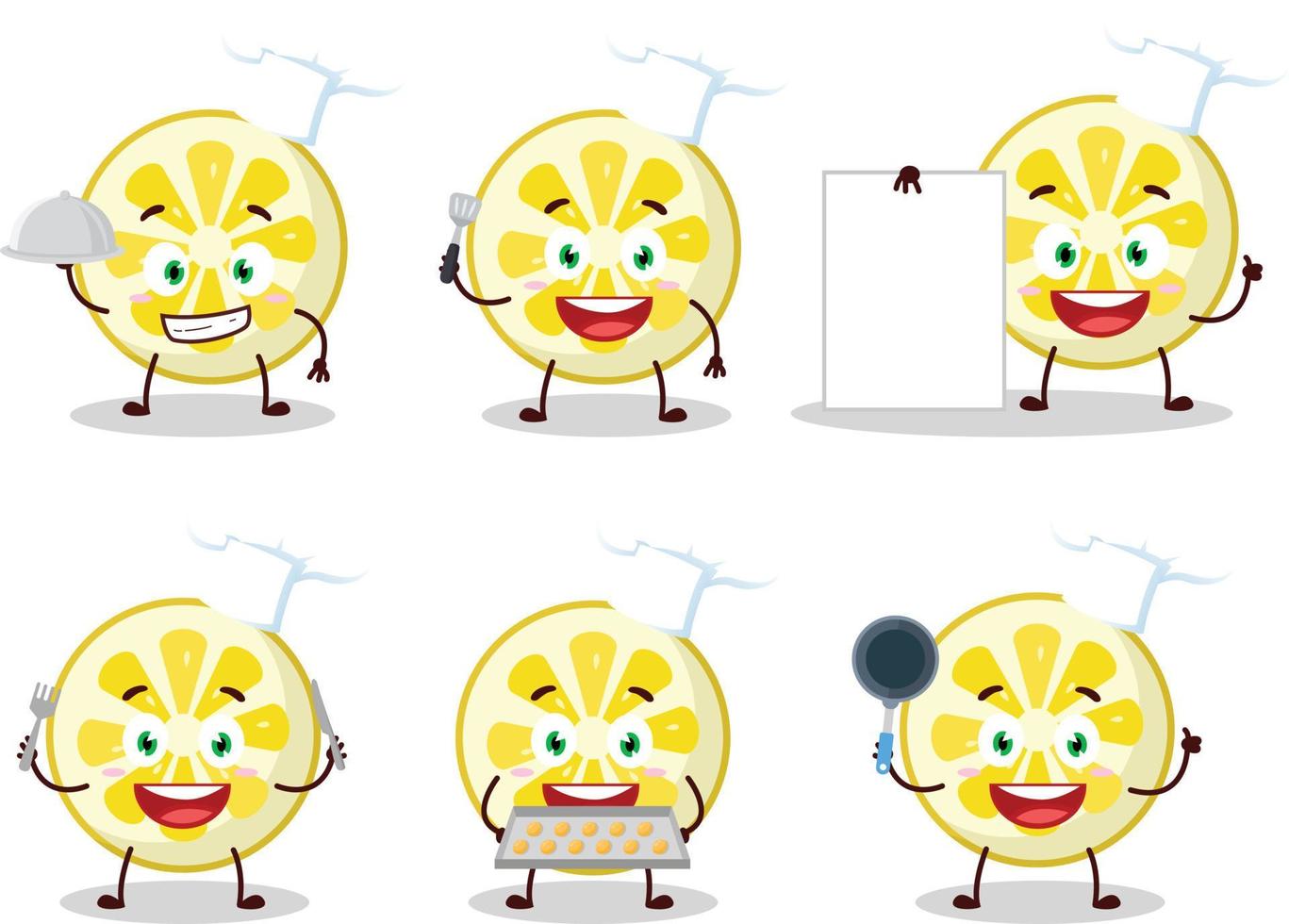 dibujos animados personaje de limón rebanada con varios cocinero emoticones vector