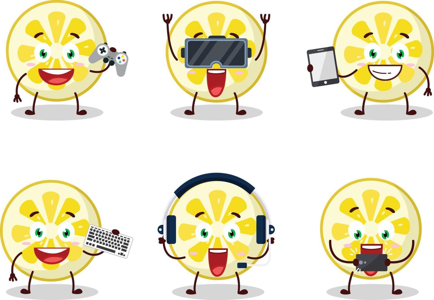 Lemon slice cartoon character are playing games with various cute emoticons vector