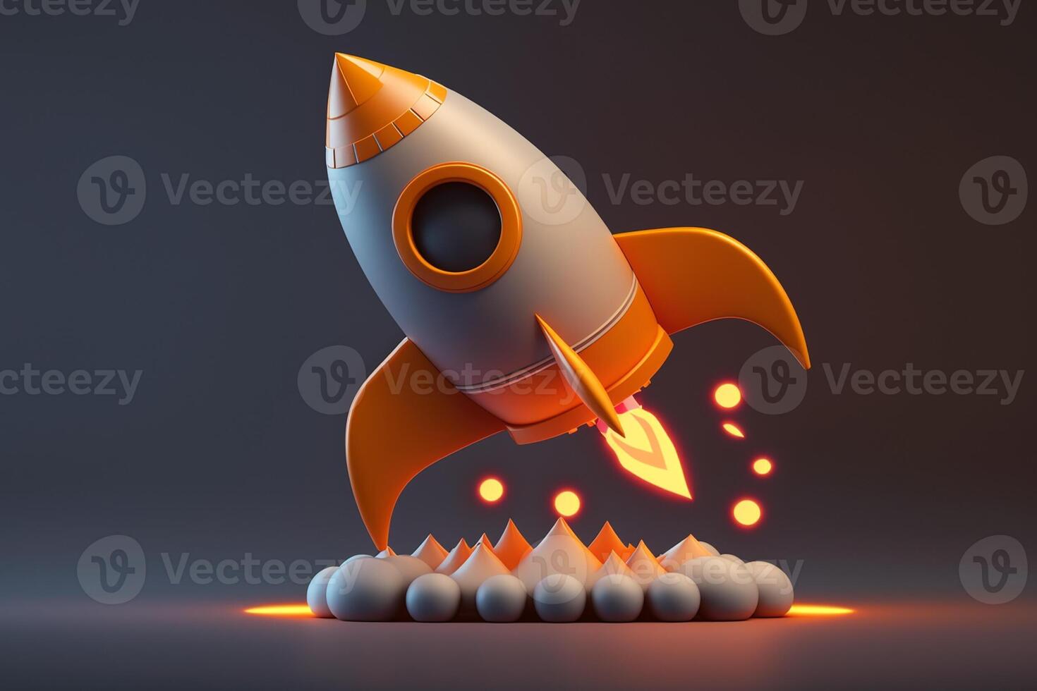 Cartoon rocket launching in diagonal on dark background with sphere cloud. Concept of startup business taking off. . photo