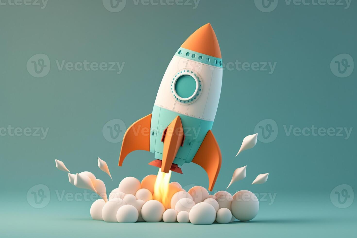 Cartoon rocket launching in diagonal on light blue background with sphere cloud. Concept of startup business taking off. . photo