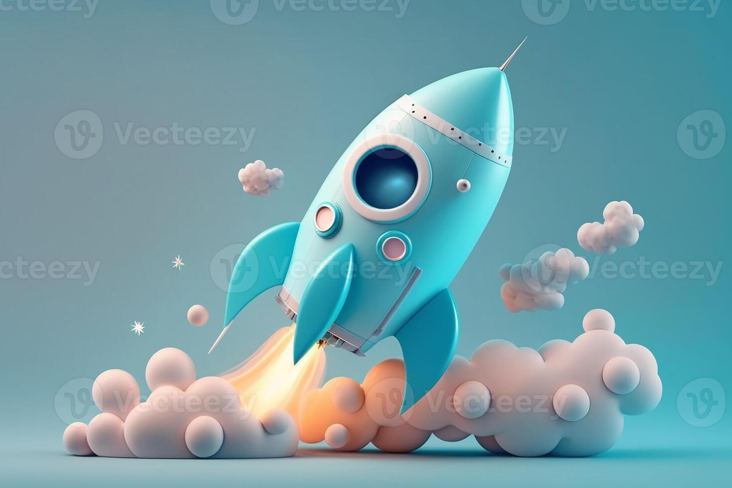 Cartoon style rocket launching on light blue background. Concept of startup business taking off. photo