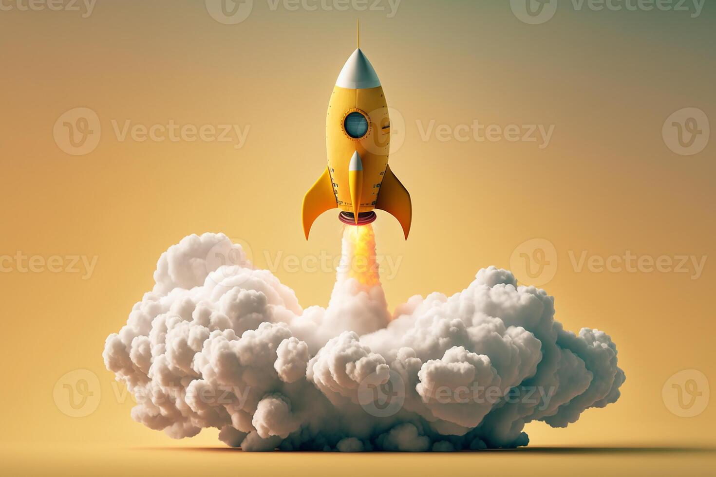 Yellow rocket taking off with realistic cloud smoke on yellow background. Concept of start up business launching. photo